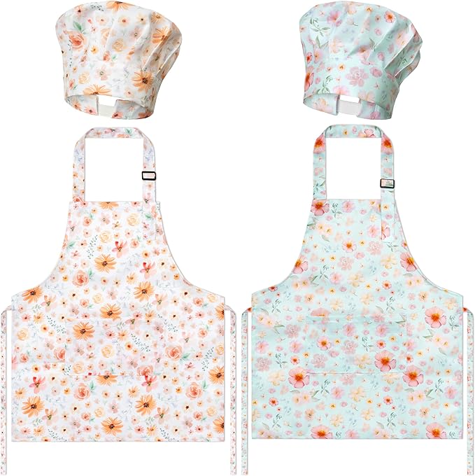 GROBRO7 4Pcs Kids Apron and Chef Hat Set Gift for Girls, Floral Print Adjustable Kitchen Cooking Child Aprons with 2 Pockets Waterproof Smocks for Baking Painting Crafting