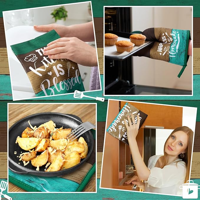 Fourluoo 8 Pcs Mint Kitchen Towels and Dishcloths Sets Oven Mitts and Pot Holders Sets Absorbent Kitchen Gloves Potholders Heat Resistant for Chef Baking Cooking