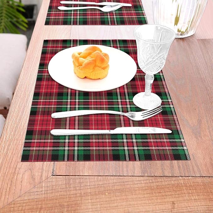 Christmas Place mats Set of 4, 12x18 Inches Red Green Plaid Decorative Placemats Rectangle Winter Table Mats for Party Home Kitchen Dining Table Decoration