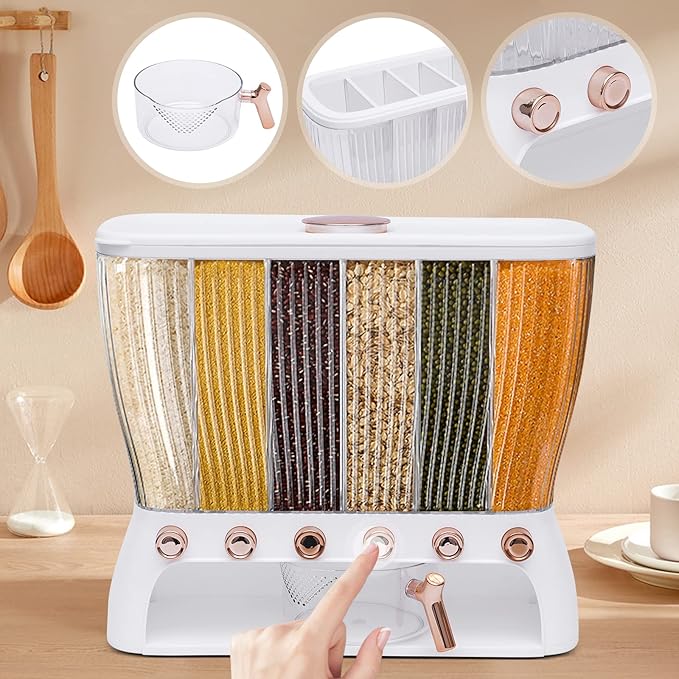 6 Grids Grain Dispenser Can, Cereal Rice & Grain Storage Container 6 Grid Beans Dispenser with Measuring Cup Wall mounted Dry Food Grain Dispenser for Grains Rice Dry Food Beans (White and Gold)