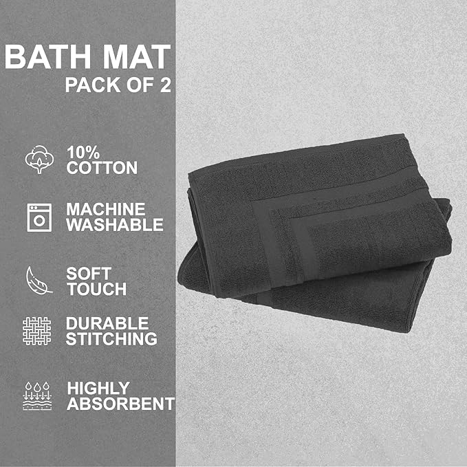 GOLD TEXTILES Premium Grey Bath Mat - 2 Pack 22x34 Inches - Not a Bathroom Rug - 100% Ring Spun Cotton - Highly Absorbent & Non Slip Shower Bathroom Floor Mat Towel - Machine Washable