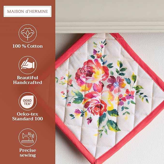 Maison d' Hermine Pot Holders 100% Cotton Heat Resistant Potholders 8" x 8" Hot Pads with Loop BBQ Cooking Baking Gifts for Mothers Day Handling Hot Pans Spring/Summer (Pack of 1, Rose Garden)