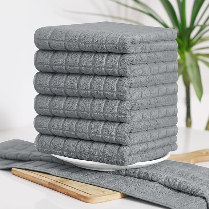 Homaxy Premium Cotton Kitchen Towels 16"x 28", Large Natural Ring Spun 390 GSM Dish Towels, Super Absorbent Terry Kitchen Hand Towels, Soft Tea Towels with Hanging Loop, Pure Grey Design, 12 Pack