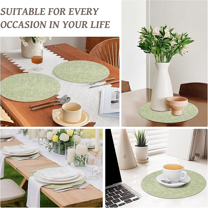 13" Round Placemats Set of 4, Reversible Faux Leather Heat Resistant Table Mats, Waterproof Oilproof Wipeable Table Protective Placemats for Vinyl, Washable for Indoor & Outdoor Use (4, Light Green)