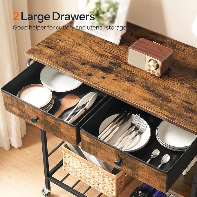 HOOBRO Kitchen Island with Storage, Rolling Island Cart for Kitchen with 2 Drawers & Outlet, 3 Tier Coffee Station and Microwave Stand, Kitchen Island Table for Home, Rustic Brown BF08UZD01