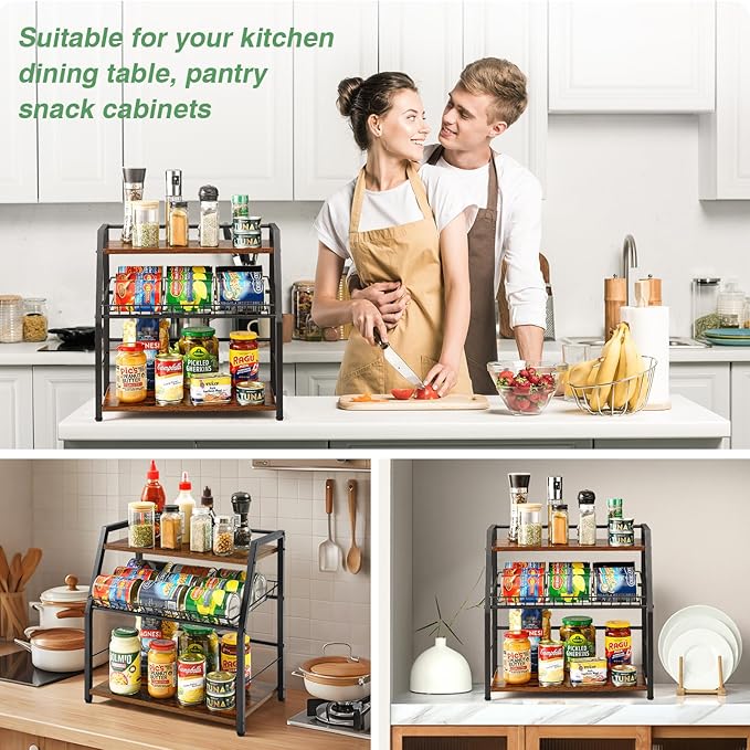 Kitchen Countertop Organizer, Snack Organizer Candy Display Stand Coffee Station Organizer, 3 Tier Wooden Counter Storage for Soda Cans Condiment Tea, for Pantry Office Bathroom, White (Black)