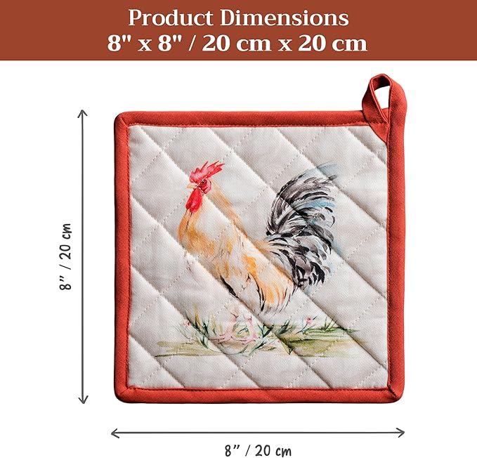 Maison d' Hermine Pot Holders 100% Cotton Heat Resistant Potholders 8" x 8" Hot Pads with Loop BBQ Cooking Baking Gifts for Mothers Day Handling Hot Pans Spring/Summer (Pack of 2, Campagne)