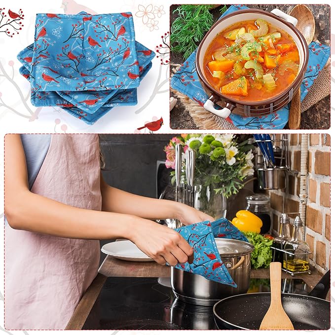 Cunhill 4 Pcs Cotton Microwave Bowl Cozy Holders for Hot Food Hot Pads Soup Bowl Potholders Heat Resistant Multipurpose Quilted Safe Holders for Kitchen Plate Supply(Teal Blue,Bird Style)