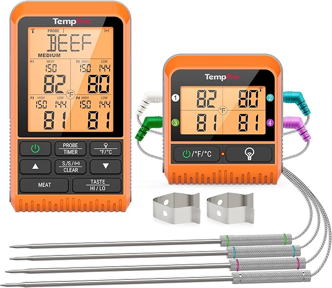 TempPro TP829 1000ft Wireless Meat Thermometer Digital for Grilling and Smoking, 4 Meat Probes Grill Thermometer for Outside Grill, BBQ Thermometer for Cooking Food Temperature (Previously ThermoPro)
