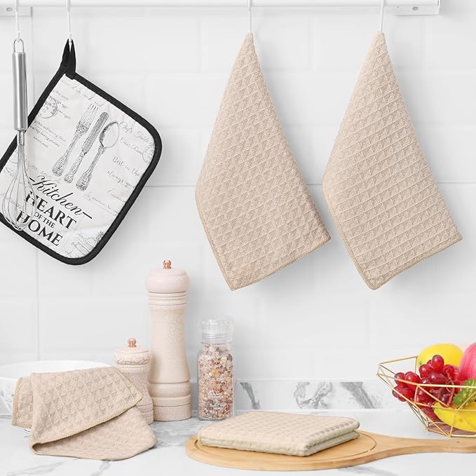 Homaxy Microfiber Waffle Weave Kitchen Towels Set, 16 x 28 Inch and 12 x 12 Inch Ultra Absorbent and Solid Color Dish Towels, 8 Pack, Beige