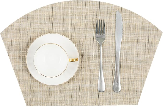 SHACOS Round Table Placemats Wedge Shaped Placemat Set of 4 Non Slip Heat Resistant Woven Vinyl Table Mats Wipe Clean Indoor Outdoor (4, Beige Yellow)