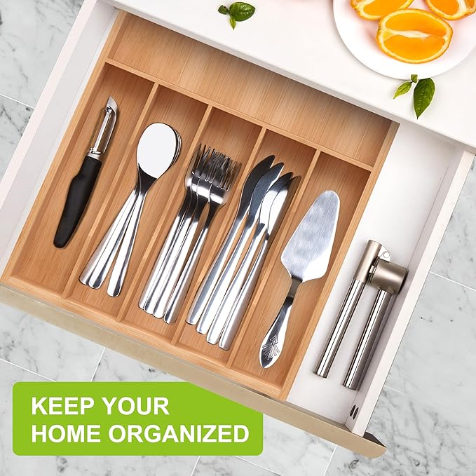 Unibambou Bamboo Utensil Drawer Organizer, Silverware Tray Organizer, Kitchen Drawer Organizer for Flatware Cutlery, Silverware Tray for Drawer (Natural, Large 16.5x12.3 Inch)