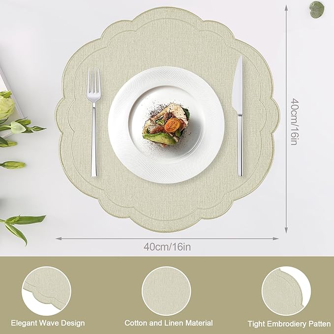 Set of 6 Beige Cotton Linen Placemats 15 Inch Embroidery Scalloped Placemats Pure Floral Table Mats Washable Fabric Table Mats for Wedding Baby Shower Tea Party Festival Spring Holiday Decor
