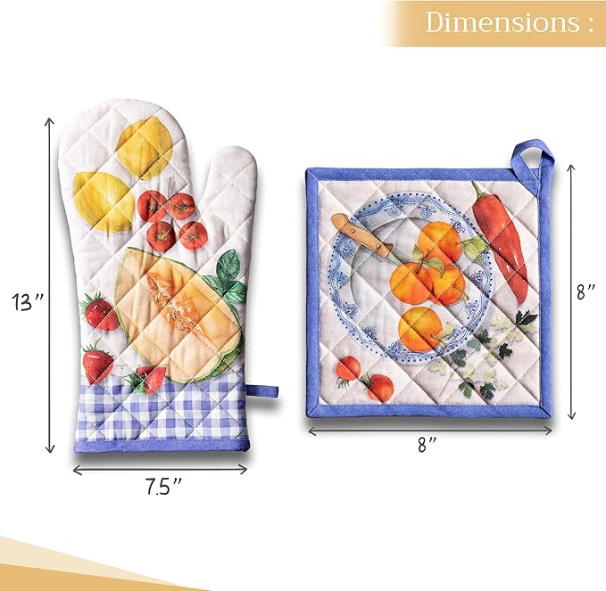 Maison d' Hermine 100% Cotton Oven Mitt & Pot Holder Set (7.5"x13" & 8"x8") Heat Resistant BBQ Cooking Gloves with Loop Baking Grilling Kitchen Gifts for Mothers Day Spring/Summer (Gourmand)