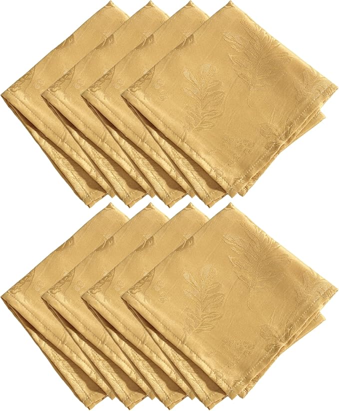 Elrene Home Fashions Elegant Woven Leaves Jacquard Damask Cloth Napkin Set, 17" x 17", Pack of 8, Gold