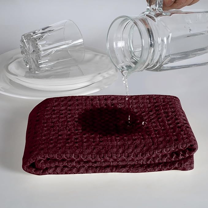 Native Fab 100% Cotton Premium Waffle Kitchen Towels, 4 Pack, 16" x 26", Super Absorbent Reusable Cleaning Cloths, Tea Towels, Machine Washable Hand Towels, Burgundy Wine