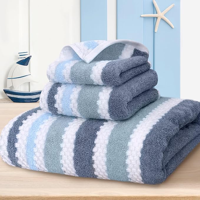 Waffle Towels for Bathroom-Quick Dry | Thick | Lightweight | 540GSM,Large Bath 30"x56", Hand 16"x27",Wash Cloths 13"x13",Cotton Polyester Blend Towels with Hanging Loops,Blue Gray Stripe and White