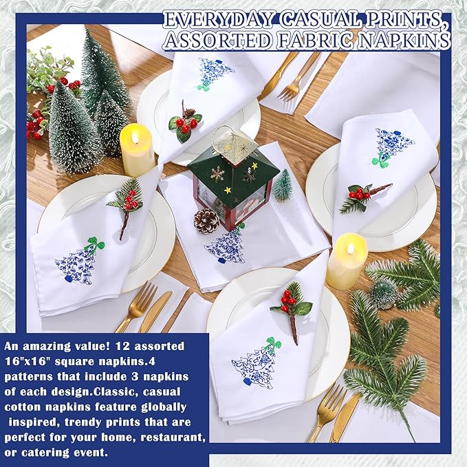 HunnmingRe 12 Pcs Christmas Tree Blue and White Cloth Napkins Chinoiserie Embroidered Cotton Hand Towels Blue Guests Napkin for Xmas Holiday Weddings Dinner Parties Washable 17x17 Inch