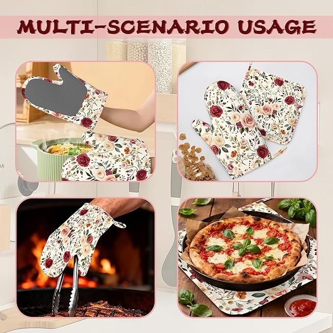 Spring Flowers Silicone Oven Mitts and Pot Holders,Pink Roses Heat-Resistant 4 Piece Kitchen Set Non-Slip Oven Gloves and Hot Pads for Cooking, Baking, Grilling,BBQ