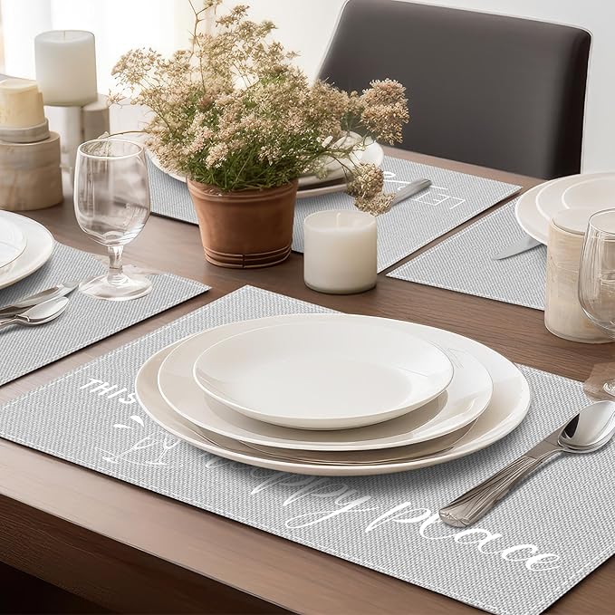 Farmhouse Placemats Set of 6 Linen Placemats 18x12'' Rustic Table Mats with Sayings Housewarming Gifts Country Tablemats Washable Cloth Place Mats for Farmhouse Table Setting(Grey)