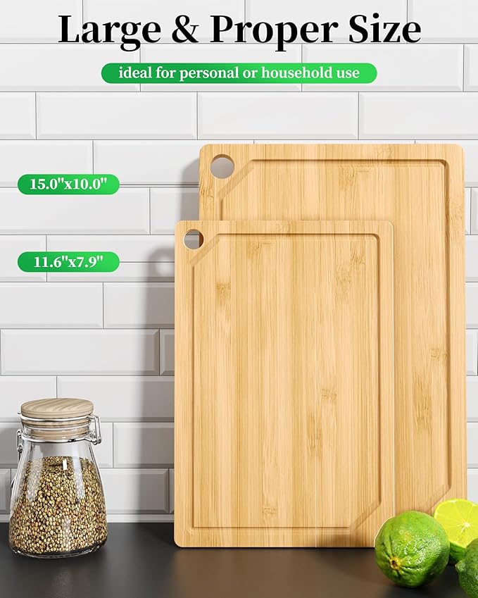 Kitsure Bamboo Cutting Board Set - Multi-Sizes Wooden Cutting Boards for Kitchen, Convenient Kitchen Essentials with Deep Juice Grooves, Cutting Board for Chopping & Serving, 2 Pack, Natural