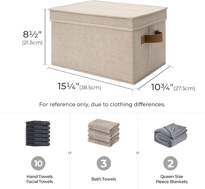 StorageWorks Storage Bins with Lids, Decorative Storage Boxes with PU Handles, Foldable Storage Baskets for Closet, Shelves, Stackable, Brown and Beige, Large, 3-Pack