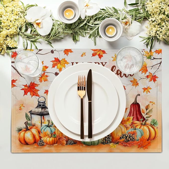 Happy Fall Linen Place Mat 4pc Hedgehogs Pumpkin Printed Placemat Washable Decoration for Home Season Table Decor