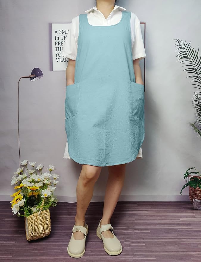 Cotton Cross Back Aprons Solid Color Cooking Kitchen Garden Smock for Women Girls with Pockets
