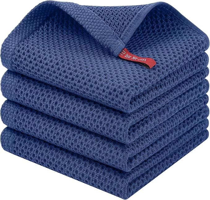 Homaxy 100% Cotton Waffle Weave Kitchen Dish Cloths, 4-Pack Ultra Soft Absorbent Dish Towels, Quick Drying Dish Rags, 12 x 12 Inches, Navy Blue
