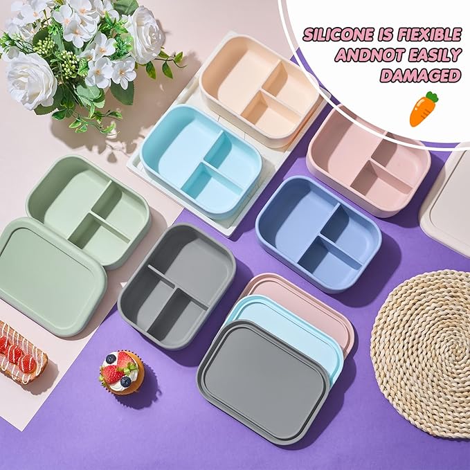 Layhit 6 Pcs Silicone Bento Box for Adults, 27 oz Bento Lunch Container Reusable 3 Compartment Lunchable Food Container for Women Men, Leak Proof Microwave Dishwasher Freezer Safe (Morandi Colors)