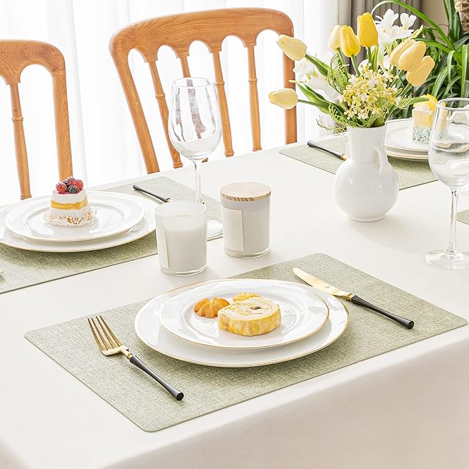 Romanstile Vinyl Placemats Set of 12-12 X 17 Inch - Faux Leather 100% Waterproof Oil-Proof Wipeable Place Mats, Heat Resistant Reversible PU Table Mats for Kitchen Dining Party Outdoor, Grass Green
