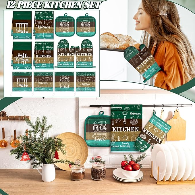 12 Pcs Farmhouse Kitchen Decor Sets 4 Teal Green Kitchen Towels 4 Teal Absorbent Dishcloths 2 Rustic Pot Holders 2 Oven Mitts Gloves for Home Decorations Mom Gifts