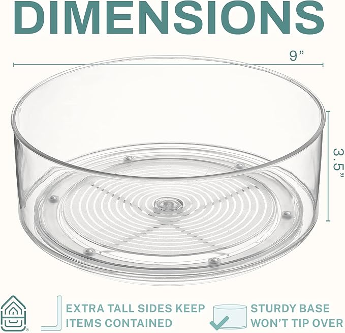 Home Intuition Round Plastic Clear Lazy Susan Turntable Food Storage Container for Kitchen (9" Round, 1 Pack)