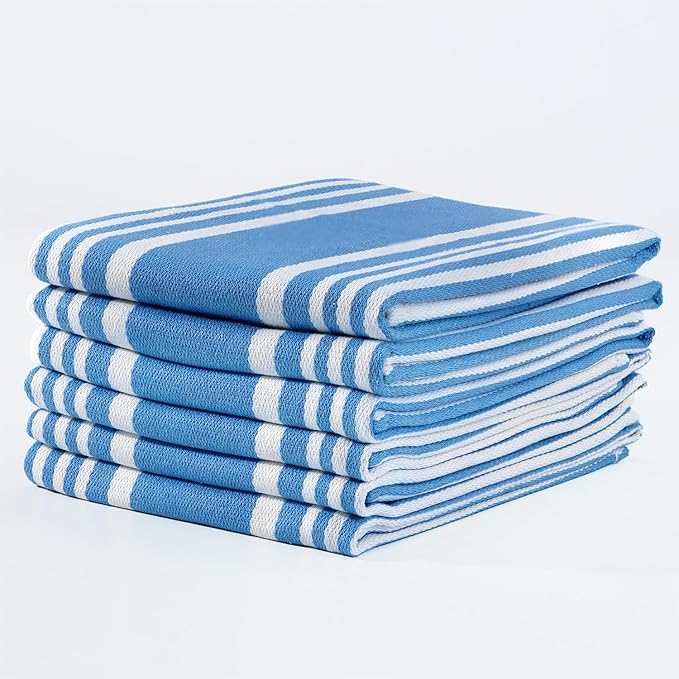 TEXAS LINEN CO. American Stripe Kitchen Towels 100% Cotton Pack of 6, Highly Absorbent Quick Drying, Soft Dish Towels 20x30 Inch for Kitchen w Hanging Loop, Hand & Tea Towel - Turquoise Blue & White