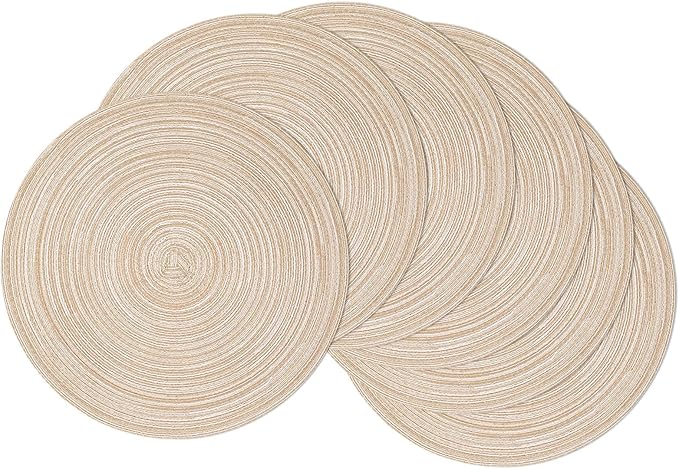SHACOS Round Placemats Set of 6 Cotton Polyester Braided Place Mats 15 inch Heat Resistant Washable Table Mats for Kitchen Dining Party Natural Table Decor (Beige, 6)