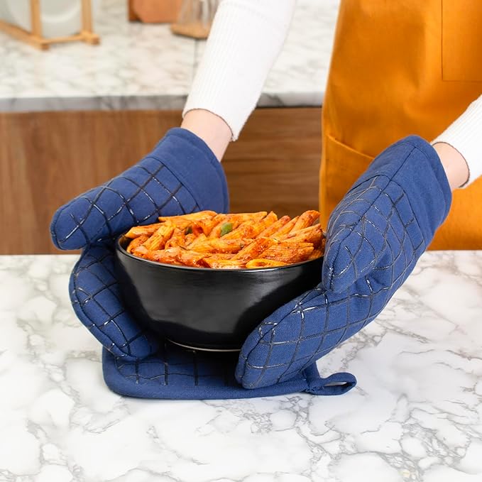 Oven Mitts and Pot Holders Set for Kitchen | 4 Pc Set| Heat Resistant Up to 500°F | Non-Slip Silicone Strips | Blue Kitchen Accessories | Includes 2 Hot Pads & 2 Cooking Mitts