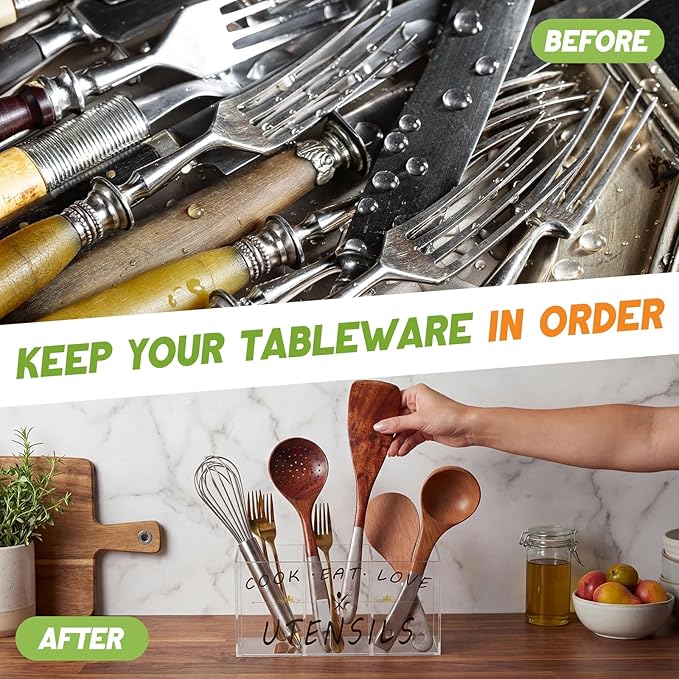 Acrylic Large Cutlery Storage Organizer Bin with 3 Compartments, Silverware Caddy Knife Spoon and Fork Holder Kitchen Utensils Holder for Cabinet Indoor Flatware Dining Room(Transparent)