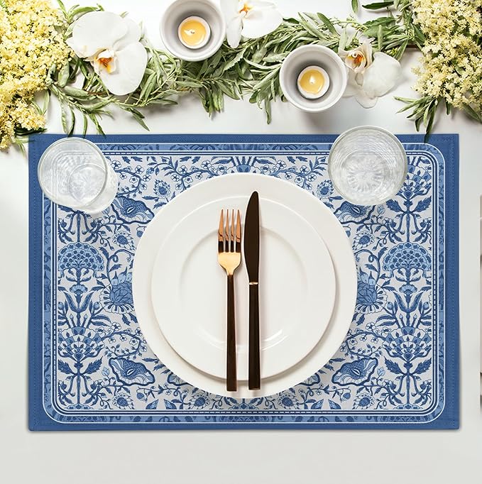Blue Floral Boho Placemats Set of 4, 12x18 Inch Vintage Chinoiserie Block Print Place Mats Seasonal Spring Summer Rustic Farmhouse Table Mats for Party Kitchen Dining Outdoor Indoor Decor