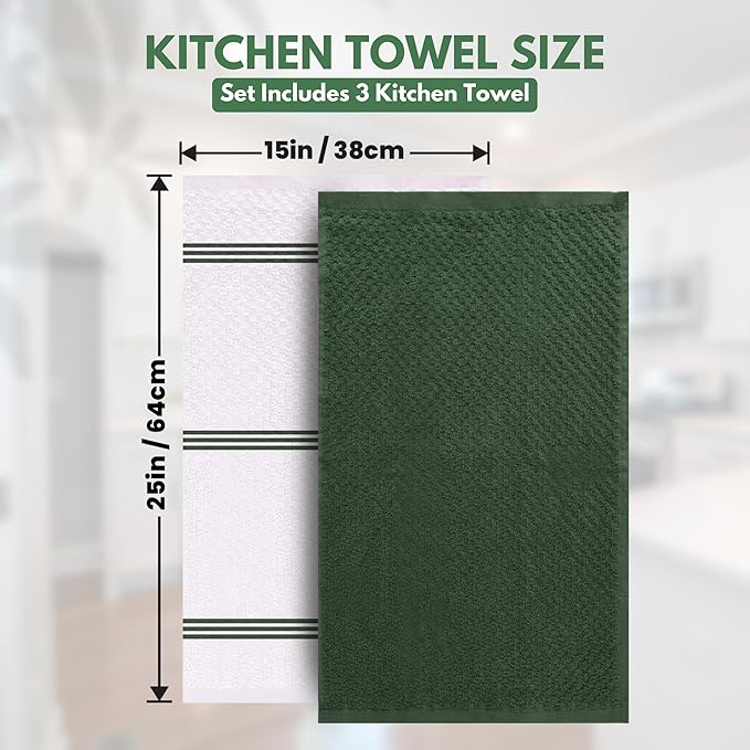 Infinitee Xclusives Premium Kitchen Towels – Pack of 3, 100% Cotton 15 x 25 Inches Absorbent Dish Towels - Terry Kitchen Dishcloth Towels - Green Dish Cloth for Household Cleaning