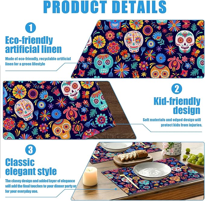 Sugar Skull Mexican Día de Los Muertos Placemats Set of 6, Halloween Washable Linen Place Mat Heat Resistant Non Slip Kitchen Dining Table Mats 12x18 Inch