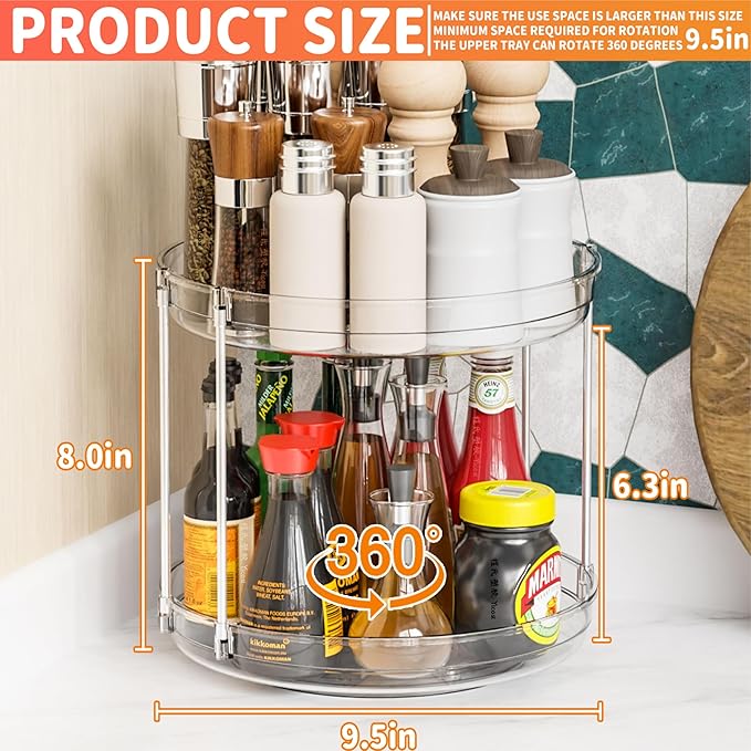 2 Pack 2 Tier Lazy Susan Spice Rack for Cabinet,Countertop and Pantry,9.5"W Small Rotating Turntable Organizer for Condiment,Pill Bottle,Vitamin,Medicine Cabinet Organizers and Kitchen Spice Organizer