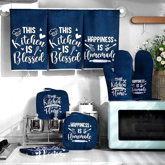 Leinuosen 8 Pcs Kitchen Towels and Oven Mitts Sets Pot Holders Dishcloths Set Kitchen Decorative Accessories Absorbent Potholders Heat Resistant for Chef Baking Cooking