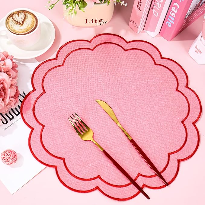 Whaline Pink Red Linen Placemats Embroidered Round Scalloped Kitchen Table Mats for Wedding Anniversary Valentine's Day Baby Shower Party Home Dining Table Decor, Set of 4, 15 x 15 in