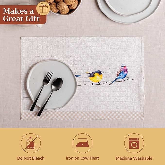 Maison d' Hermine Placemats Set of 4 100% Cotton Washable Cloth Place Mats Reusable Table Mats for Kitchen Dining Party Wedding Gifts for Mothers Day Spring/Summer (Birdies on Wire, 13" x 19")