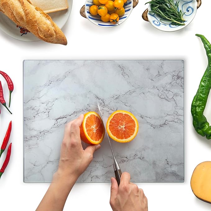 Kitchenville Glass Cutting Board 16"x12": Tempered Glass Kitchen Counter Protector - Durable- Scratch-Resistant, Heat-Proof - Design 3 - Grey Marble Effect