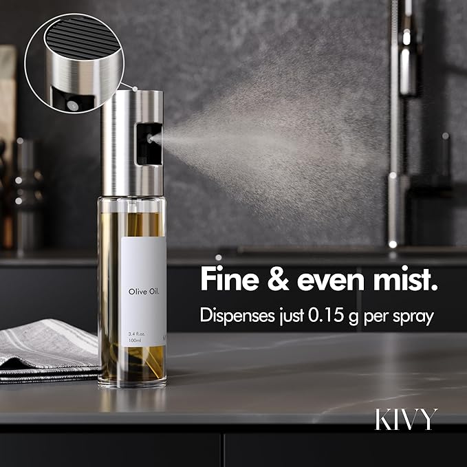 KIVY Glass Oil Sprayer Set of 2 for Cooking, Salads, BBQs & Airfryer [WITH LABELS] Innovative Spray with Portion Control - Oil Spray Bottle - Glass Olive Oil Sprayer - Cooking Oil Mister