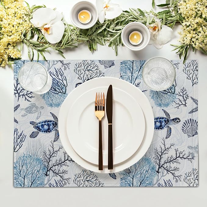 Giwawa Blue Sea Turtles Placemats Set of 4 Coastal Ocean Tortoise Coral Starfish Linen Place Mat 12"x18" Nautical Beach Themed Stain Resistant Table Mats for Kitchen Dining Season Party Decor
