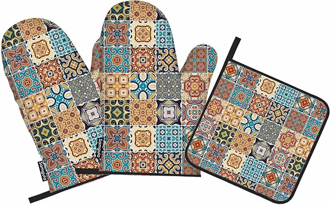 Retro Plaid Oven Mitts and Pot Holders Sets Traditional Ornate Portuguese Style Heat Resistant 3pcs for Cooking Baking BBQ