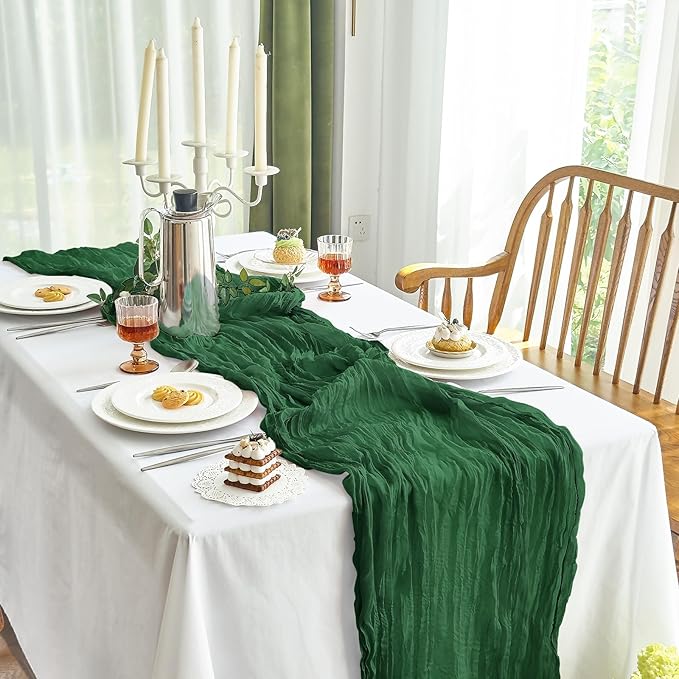 IVAPUPU 2 Pcs Cheesecloth Table Runner - 10ft Emerald Green Spring Boho Gauze Cheese Cloth Table Runners for Baby Shower Decorations Wedding Party Garden Decor