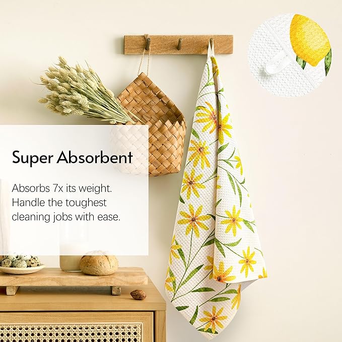 Eulnars Kitchen Towels, 18" x 30" Tea Towels for Kitchen, Quick Dry Dish Towels for Kitchen Drying, Daisy Whimsy Series, 2-Pack